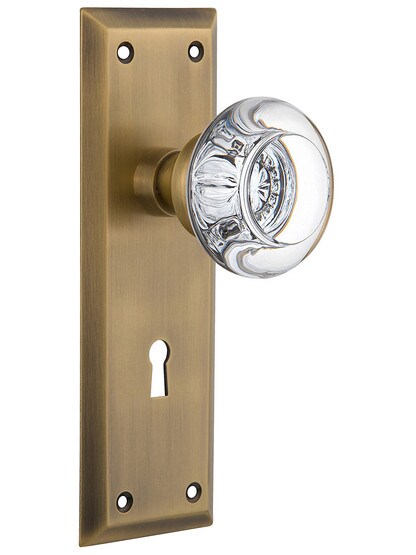 New York Plate with Round Clear Crystal Knob with Keyhole in Antique Brass with .
